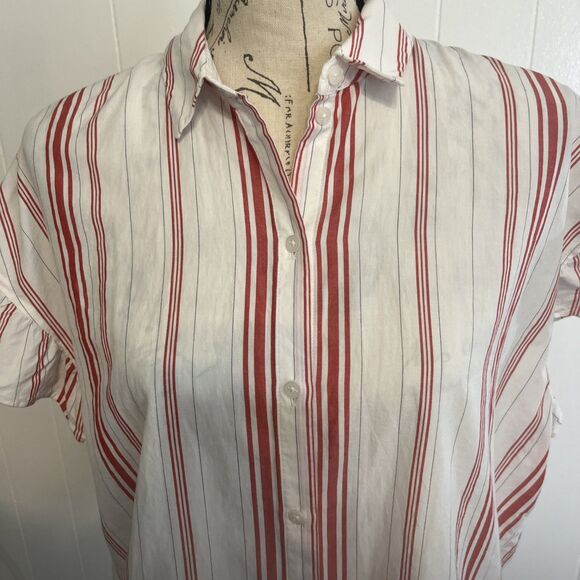 Madewell Womens Medium Button Front Shirt Top Red White Striped Cotton - Picture 2 of 7